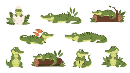 Naklejka premium Adorable collection of cartoon crocodiles and alligators shown in various playful poses such as sitting on a log and hatching from an egg.