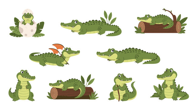 Adorable collection of cartoon crocodiles and alligators shown in various playful poses such as sitting on a log and hatching from an egg.