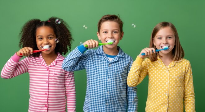 Three kids brushing teeth with toothpaste foam on green screen background. Effect for chromakey isolated for dental care concept.