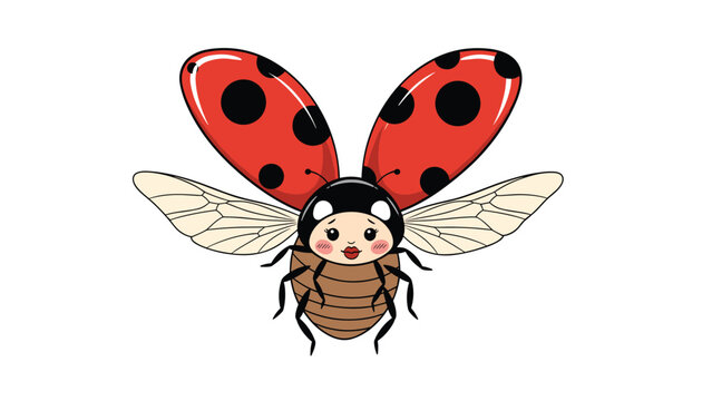 Cute cartoon ladybug character with open wings showing its red and black spots, featuring a sweet face and tiny legs on a white background.