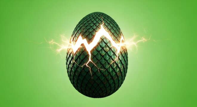 Green textured egg cracking with bright light emerging, isolated on green background. Fantasy creature hatching for special video effect.