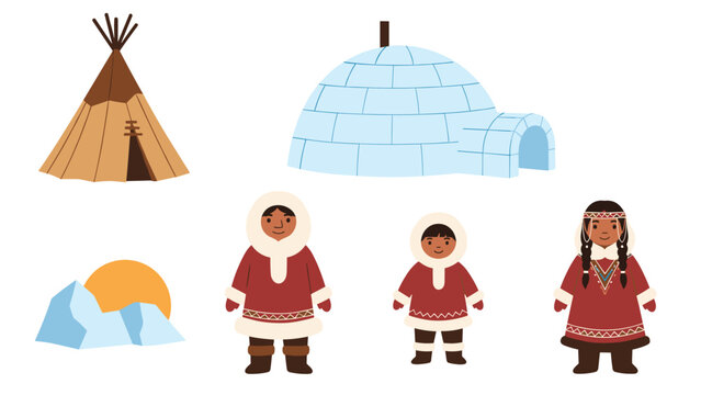 Elements of inuit and indigenous arctic culture featuring a traditional igloo, a tipi, arctic clothing, and snowy mountain landscape.
