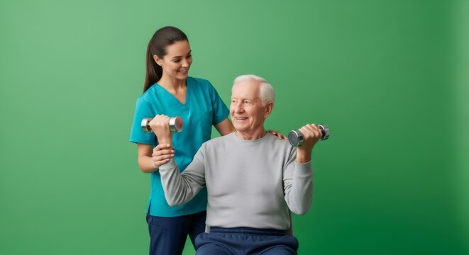 Woman physiotherapist assisting senior man with dumbbell exercises. Elderly physical therapy session. Healthcare and rehabilitation for aging client.