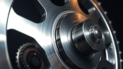 Fototapeta premium industrialdesign. Close-up of a polished industrial metal wheel with intricate mechanical details on a dark background. safety posters.