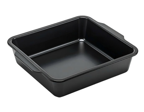 Black square baking pan with handles, clean and empty