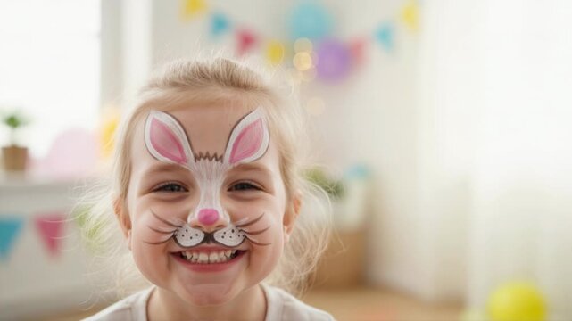 Close up portrait of a happy girl with bunny face paint. Laughing child with rabbit makeup for Easter celebration. Festive childhood fun and holiday party concept