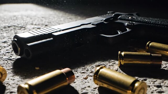 This features a close-up view of a handgun and scattered bullets on a rough, textured surface. The dark background and dramatic lighting create a somber mood, highlighting the serious nature of the