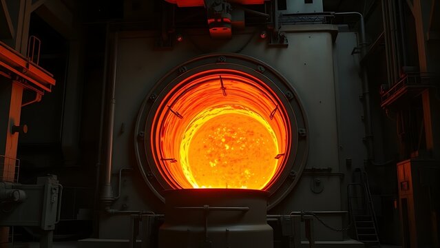 adios. Molten iron flowing from a steel furnace, glowing against dark industrial interior. safety posters, maintenance manuals, designed for precision metalworking and fabrication facilities.