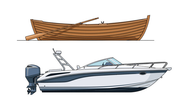 Side view comparison between a traditional brown wooden rowboat with an oar and a modern white powerboat with an outboard motor.
