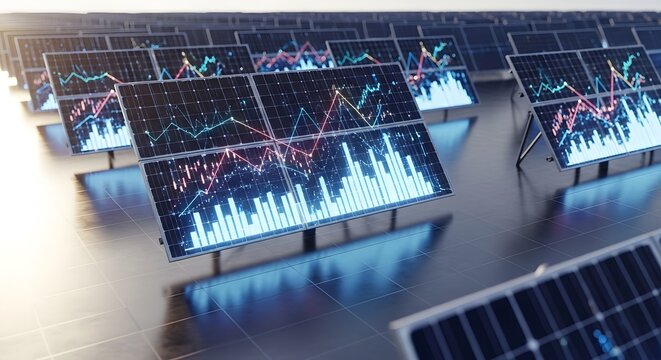 Solar farm panels with financial charts showing renewable growth