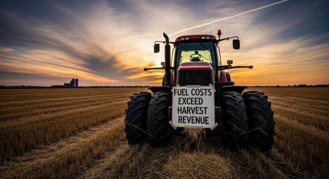 Tractor in harvested field at sunset with sign about fuel costs exceeding harvest revenue