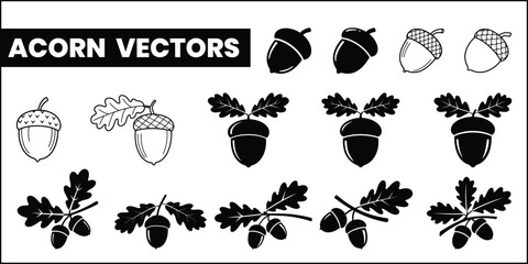 Various acorn vector graphics including silhouettes and line art with oak leaves and branches © @ahmedmaynul