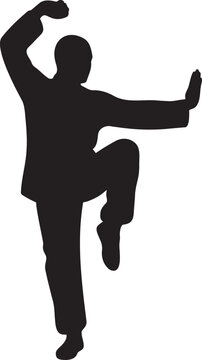 Martial arts master silhouette in kung fu pose, karate training illustration, fighter performing high kick, shaolin monk style combat, sports and fitness training silhouette.