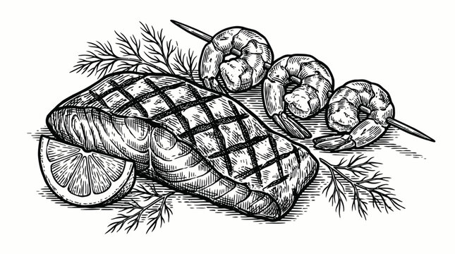 A detailed black and white illustration of a grilled salmon fillet with lemon and shrimp skewers, garnished with dill.