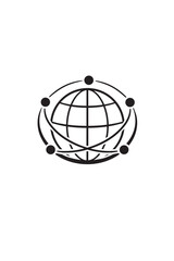 Minimal global network logo with abstract globe and connected nodes in clean black and white style, symbol of digital communication, technology and global connectivity
