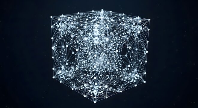 Futuristic data cube made of interconnected nodes and structure