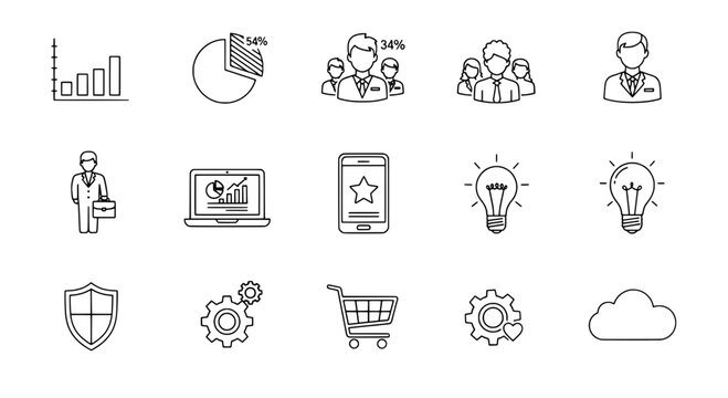 Icons set business with charts, people, smartphone, light bulb, shield, cart, cloud featuring analytics, data, graph with chart and pie chart
