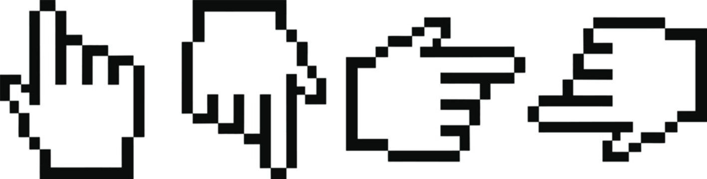 Black and white pixel art of thumbs up thumbs down and thumbs sideways on white background