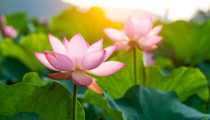Obraz premium Pink lotus blossoms in sunlight