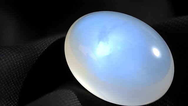 culpability. A moonstone gemstone glowing softly on dark fabric, close-up view. STEM education sheets, lab safety posters, designed for STEM education and laboratory safety posters.