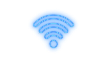 Vibrant blue neon wifi signal icon glowing brightly, representing wireless internet connectivity, modern digital network access, communication technology, isolated on transparent background.