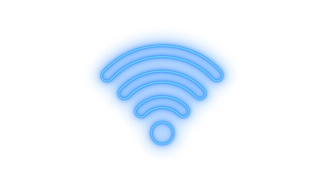 Vibrant blue neon wifi signal icon glowing brightly, representing wireless internet connectivity, modern digital network access, communication technology, isolated on transparent background.