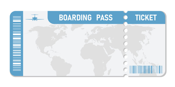 Blank airline boarding pass ticket template with world map background for travel and destination concepts.