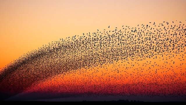 overfed. A murmuration of starlings transitioning from a dense cloud to scattered birds against a dusk sky. wildlife magazines, conservation campaigns, designed for eco-tourism storytelling.
