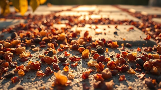 pomace. Dried grape pomace fragments scattered on sunlit stone slabs. menu design, packaging mockups, designed for culinary blogs and recipe cards for restaurants, used by videographers.