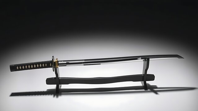unsheathed. Japanese katana on dark lacquered stand with sharp shadows. event programs, museum guides, designed for cultural heritage projects and event programs, preserves heritage.