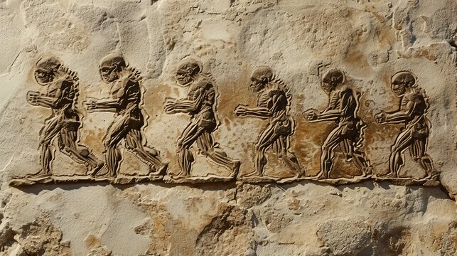 A unique stone relief showing the evolution of humans with skeletal features, blending anatomical details with historical symbolism. The aged rock texture enhances the depth. AI generated.