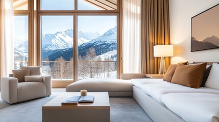 Fototapeta premium Cozy modern chalet interior boasting breathtaking panoramic snow-capped mountain views through expansive windows, featuring elegant furnishings and warm accents., Luxury Lodge, Winter