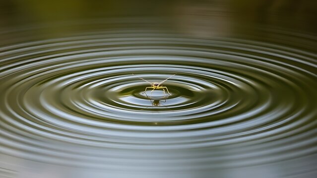 strider. A water strider gliding on a calm lake surface creating concentric ripples. wildlife magazines, conservation campaigns, designed for eco-tourism storytelling, celebrates biodiversity.
