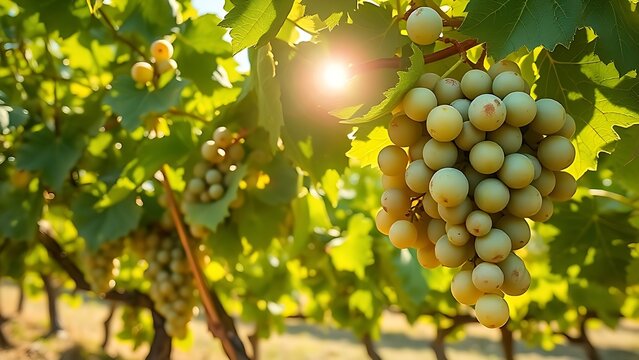 torrontes. Torrontes grapevine with gray-green leaves and clusters of grapes under the sun. gardening catalogs, home-decor guides, designed for home decor and floral branding.