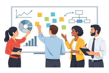 Business Team Brainstorming with Data Analysis and Strategy Planning in Modern Office