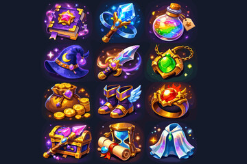 Fantasy Game Icon Set with Magic Items, Treasure, Potions and Adventure Objects in Cartoon Style