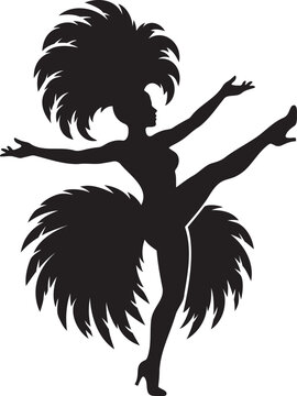 Samba showgirl dancer silhouette with feather headpiece, carnival performer in festive pose, cabaret dancer with plumes, cabaret show illustration, festive woman dancing on white background.