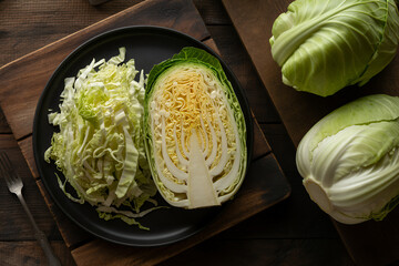 Obraz premium Shredded and halved cabbage on a black plate cutting board