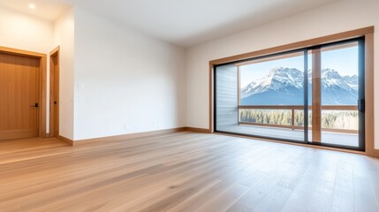 Fototapeta premium Empty Modern Room with Majestic Snow-Capped Mountain and Forest View Through Large Glass Door, Hardwood Floor, Natural Light. Luxury Real Estate., Interior, Home