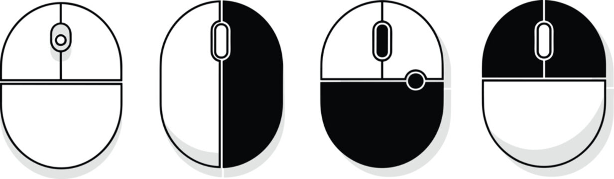Computer mouse icons set with wheel and buttons, top view, outline and solid design, technology symbols.