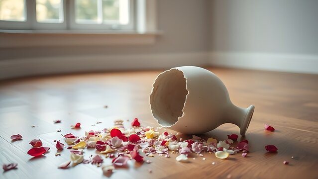 sedition. A shattered ceramic vase on a wooden floor with scattered flower petals in an empty room. wellbeing guides.