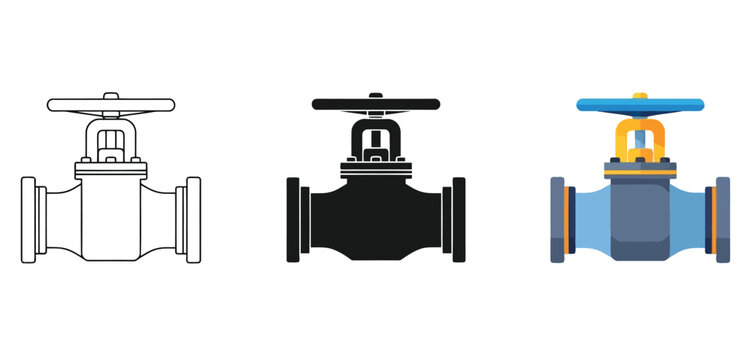 Industrial globe valves Vector Set in Three Styles &mdash; Line Art, Silhouette and Color Version 