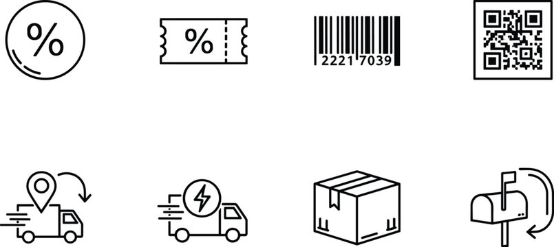 E commerce delivery and marketing icons set with percent discount barcode qr code and shipping trucks.