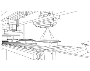 Fototapeta premium Automated conveyor belt system with robotic sensors scanning food containers in a smart factory production line, industrial 3D wireframe illustration for manufacturing concepts.