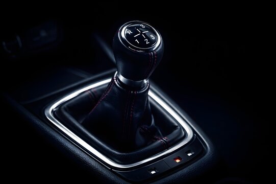 Manual Gear Shifter in Sports Car Interior with Red Stitching Leather and Chrome Detail