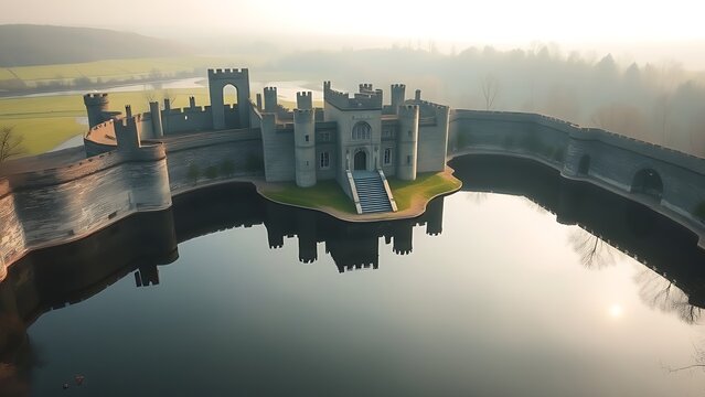 oganesson. Aerial view of a medieval castle with stone walls reflected in a deep moat. real-estate listings, architecture portfolios, designed for real-estate listing and luxury residence showcases.