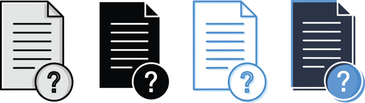Document file with question mark icon set in outline and glyph styles representing help information.