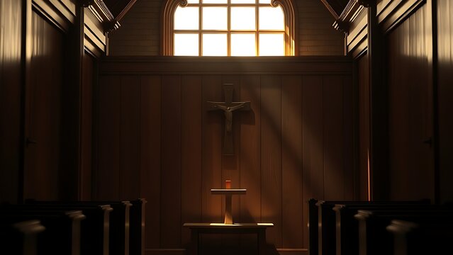 kneeler. The interior of an empty confessional booth with soft light entering through a wooden lattice. event programs, museum guides, designed for cultural heritage projects and event programs.