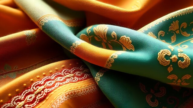 correlating. Detailed close-up of an embroidered Pashmina shawl in rich colors with soft folds. event programs, museum guides, designed for cultural heritage projects and event programs.