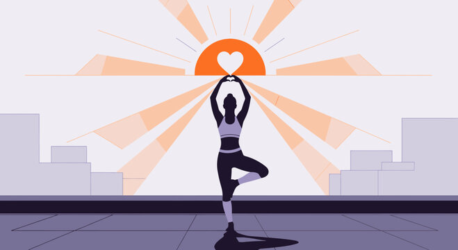 Woman Doing Yoga Tree Pose with Heart Sunburst Over City Skyline